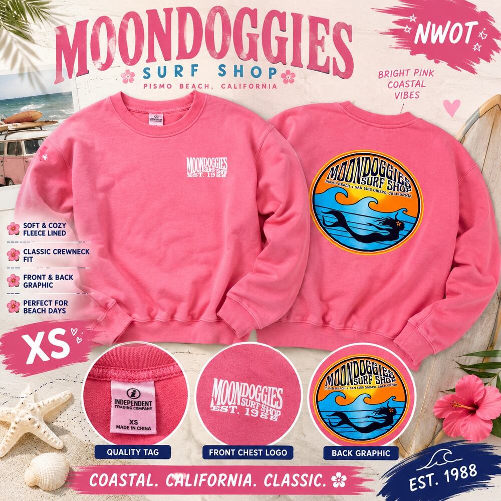 NWOT Moondoggies Surf Shop bright pink crewneck sweatshirt